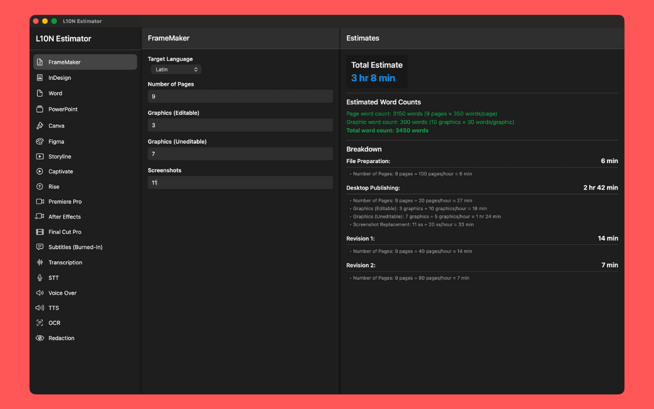 L10N Estimator screenshot 2