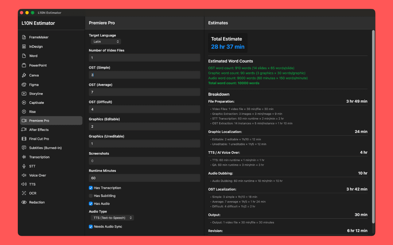 L10N Estimator screenshot 3