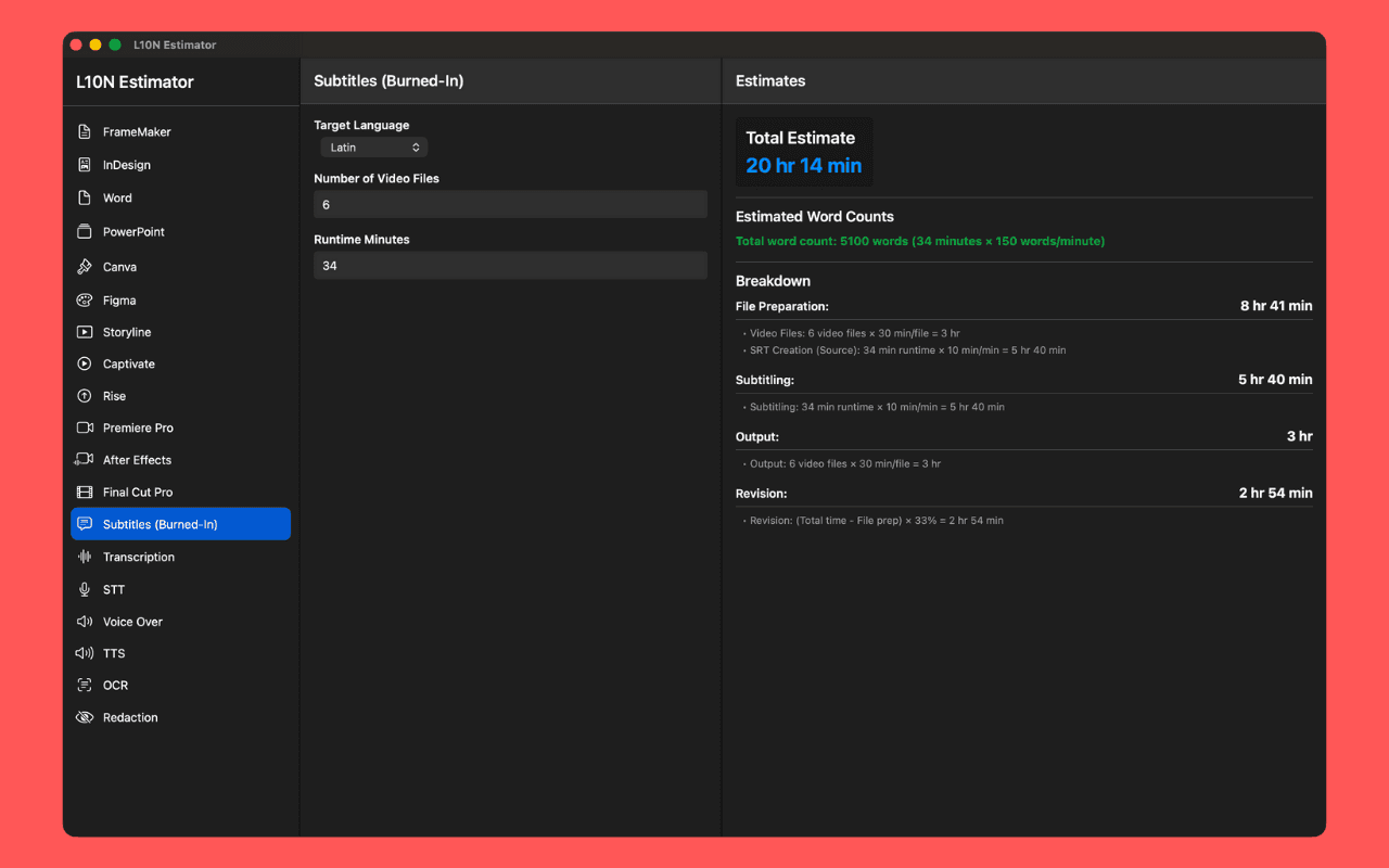 L10N Estimator screenshot 4