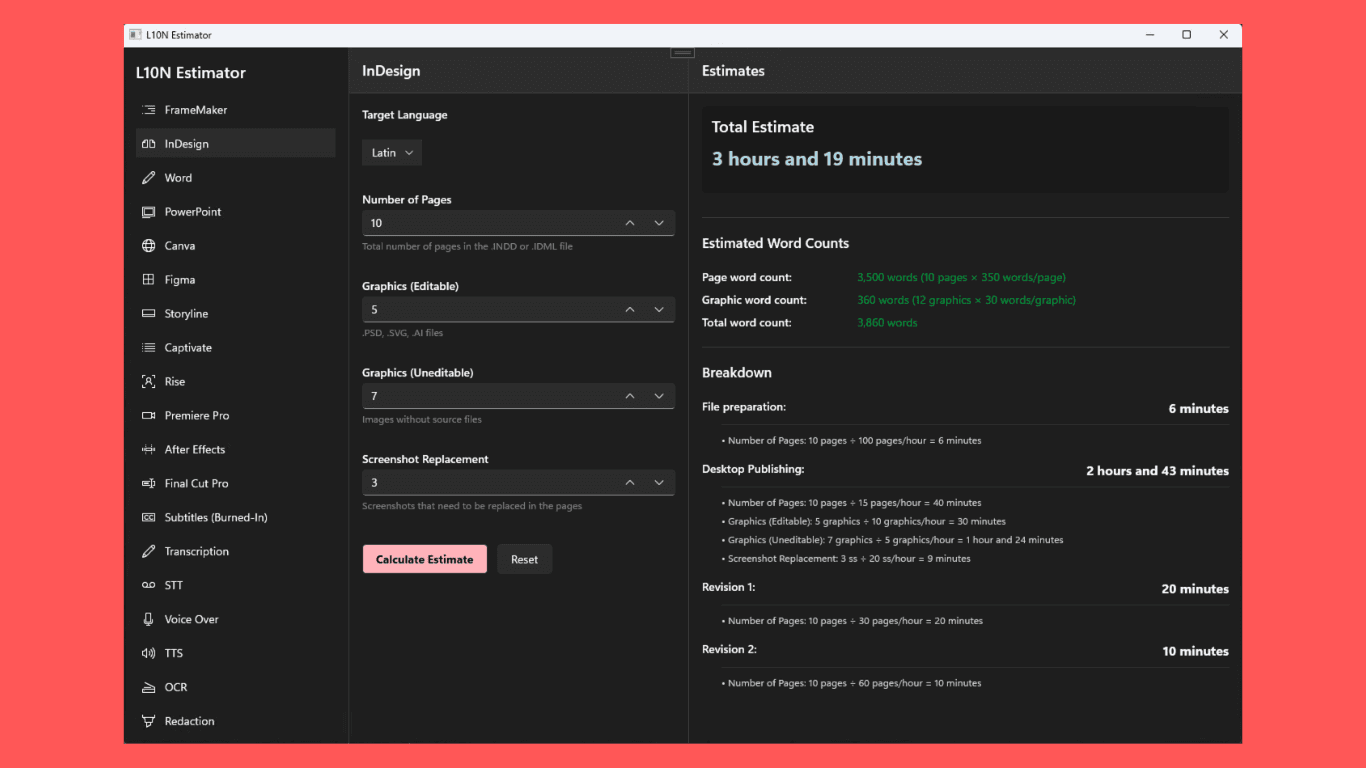 L10N Estimator screenshot 6