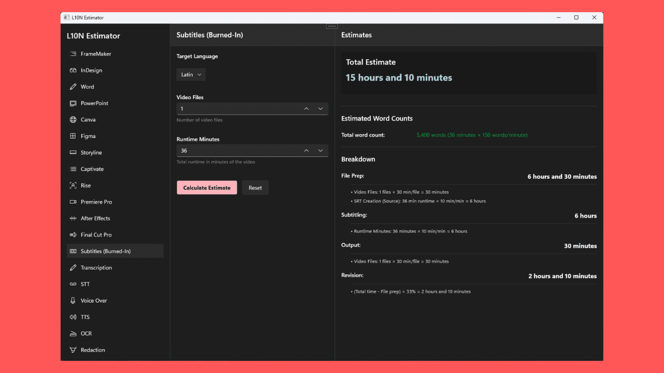 L10N Estimator screenshot 8